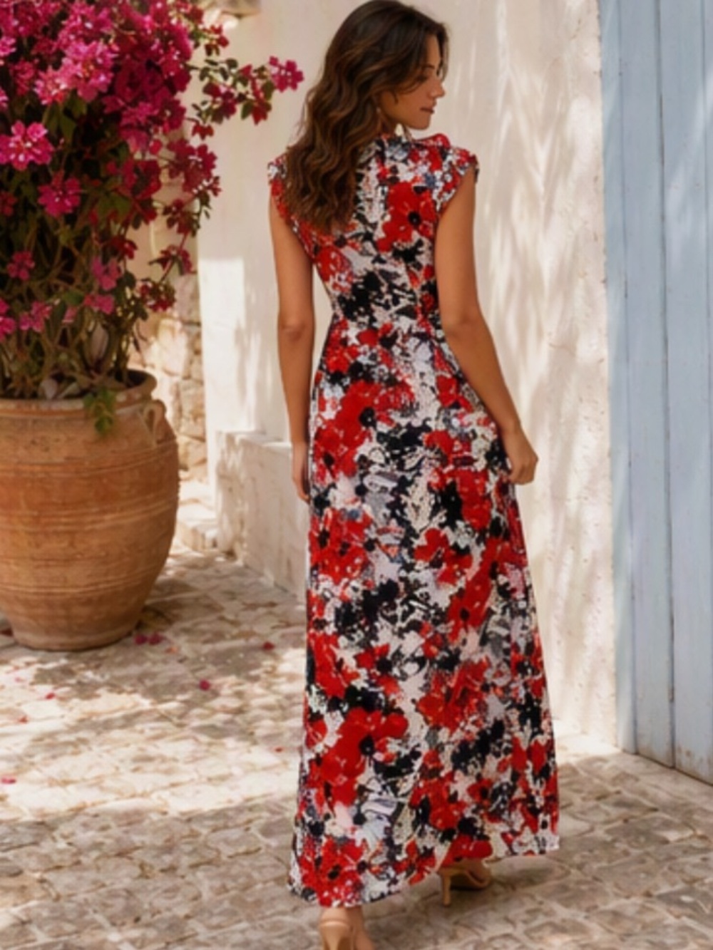 🌷 Impress🌷 Long Red, White, & Black Floral Print Maxi Dress - Picture 5 of 16